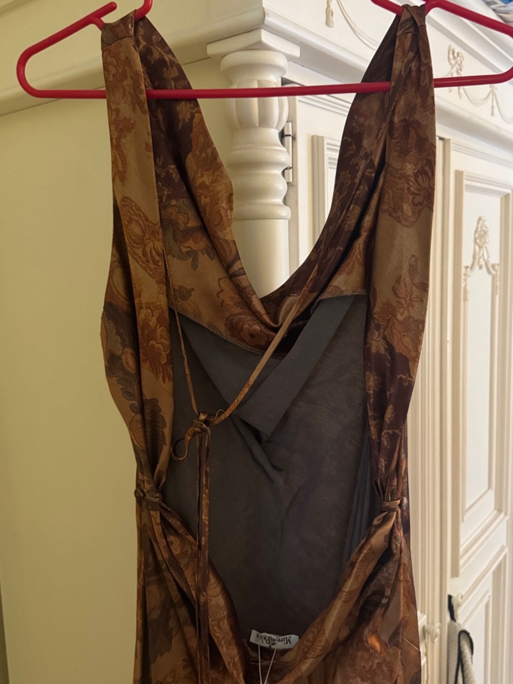 Mirror Palais Gold Brown Paisley Satin Cowl-Neck Maxi Dress - Picture 5 of 8